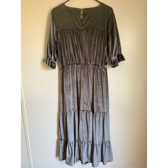 Cedar & Gold Velvet Grey Chrome Tiered Long Maxi Dress sz L Cottage Prairie Boho - Picture 3 of 7